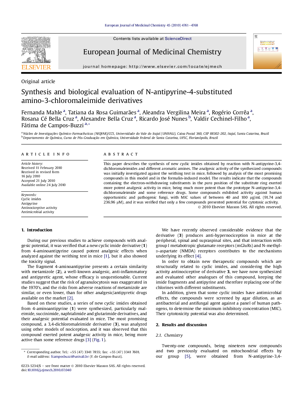 Synthesis and biological evaluation of N-antipyrine-4-substituted amino-3-chloromaleimide derivatives