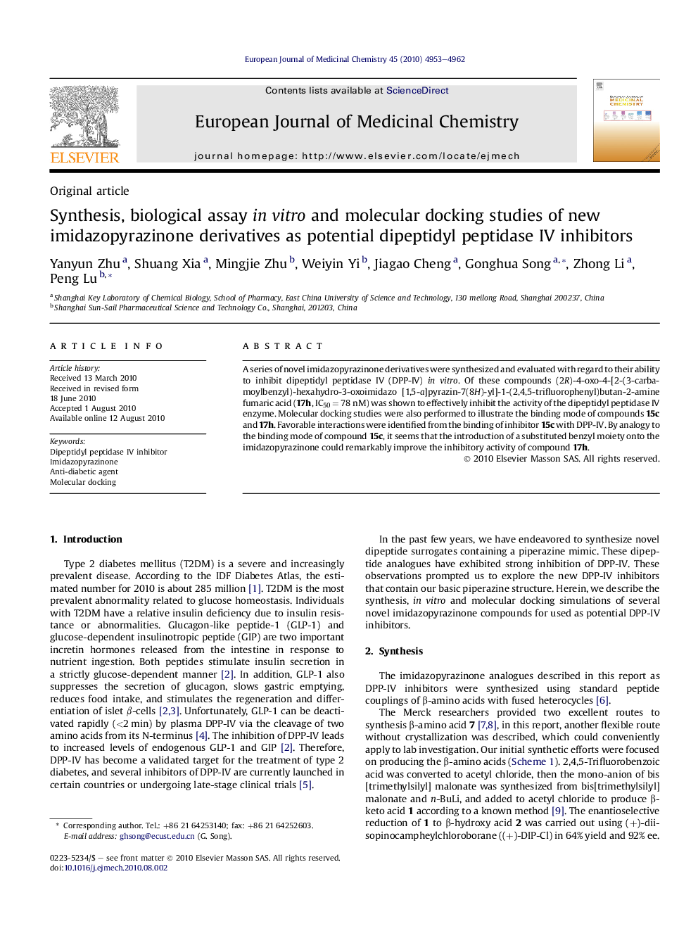 Synthesis, biological assay in vitro and molecular docking studies of new imidazopyrazinone derivatives as potential dipeptidyl peptidase IV inhibitors