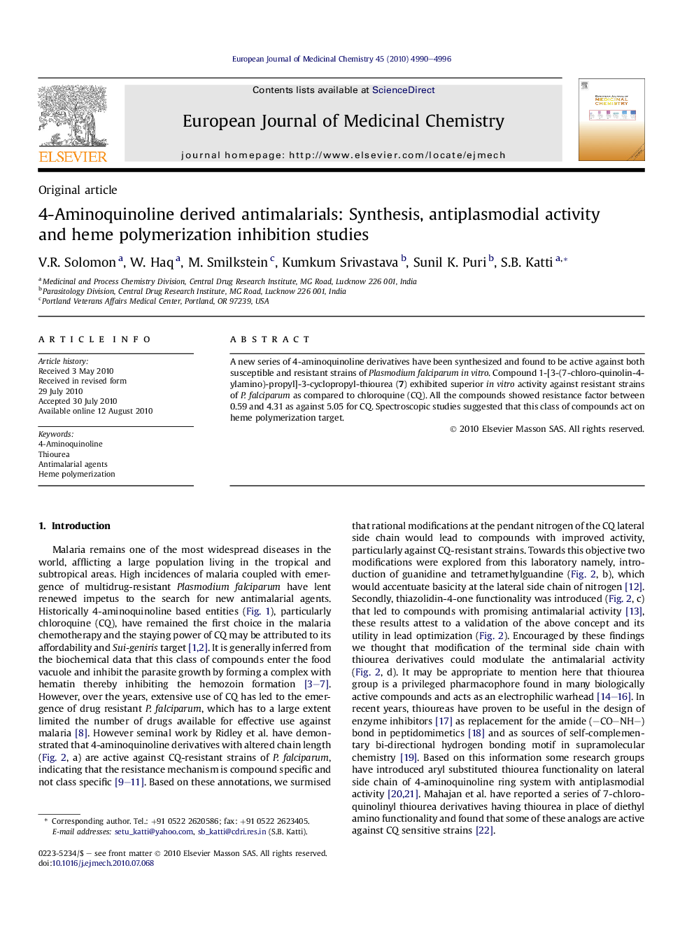 4-Aminoquinoline derived antimalarials: Synthesis, antiplasmodial activity and heme polymerization inhibition studies