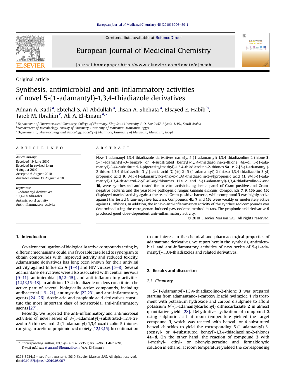 Synthesis, antimicrobial and anti-inflammatory activities of novel 5-(1-adamantyl)-1,3,4-thiadiazole derivatives