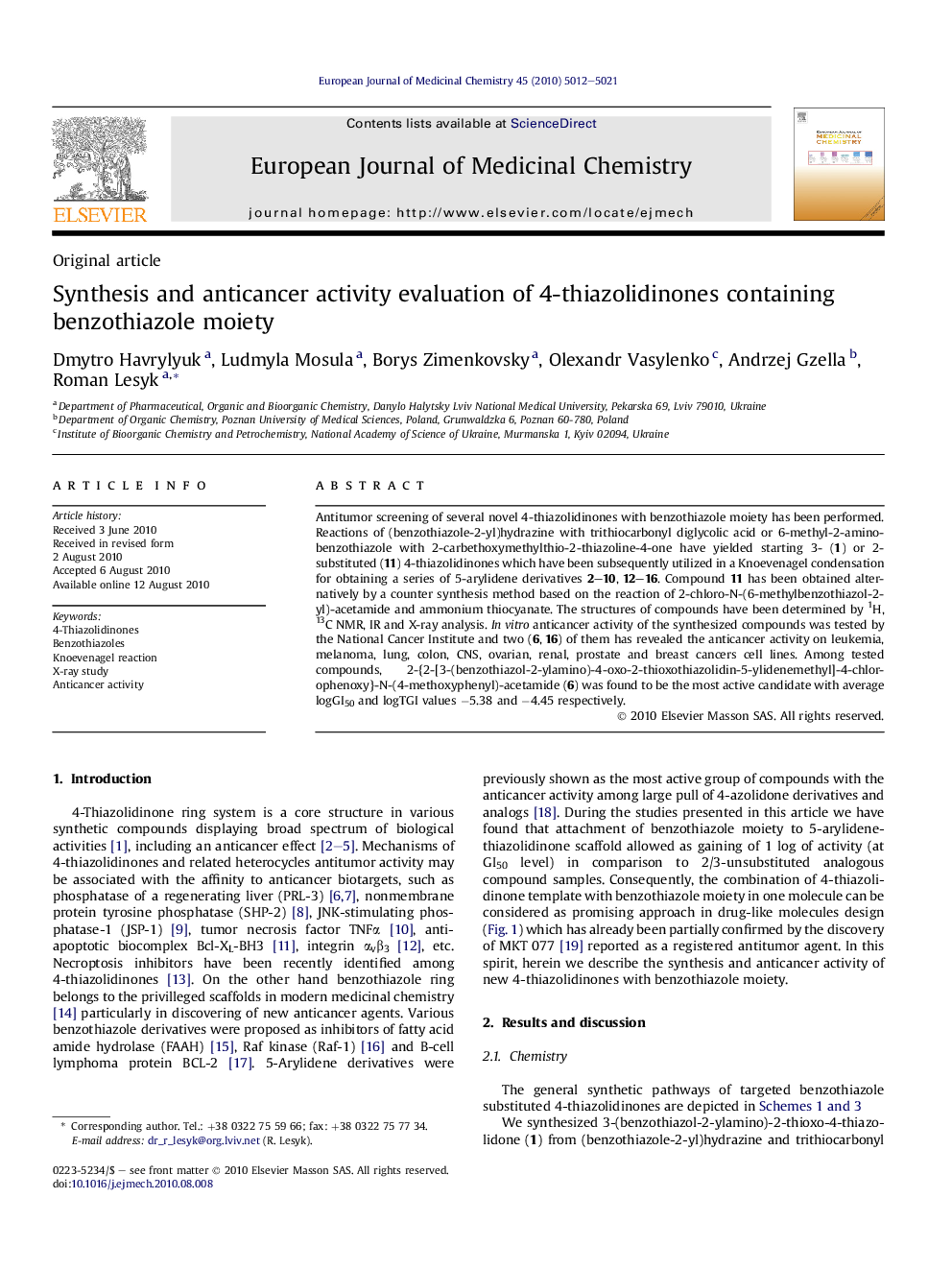 Synthesis and anticancer activity evaluation of 4-thiazolidinones containing benzothiazole moiety