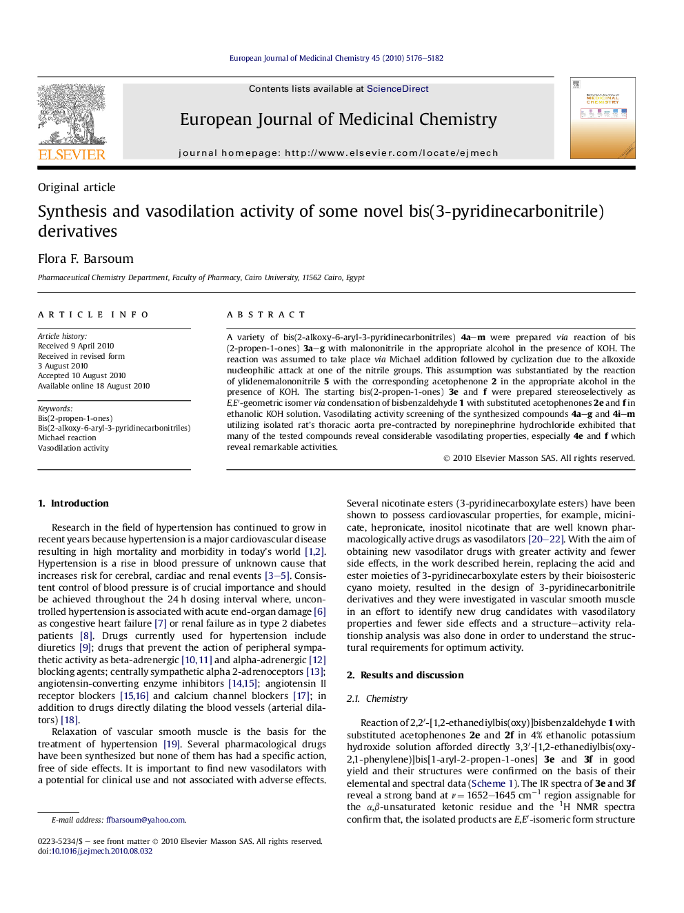 Synthesis and vasodilation activity of some novel bis(3-pyridinecarbonitrile) derivatives