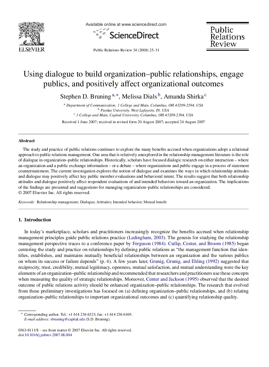 عکس صفحه اول مقاله: Using dialogue to build organization–public relationships, engage publics, and positively affect organizational outcomes Using dialogue to build organization–public relationships, engage publics, and positively affect organizational outcomes