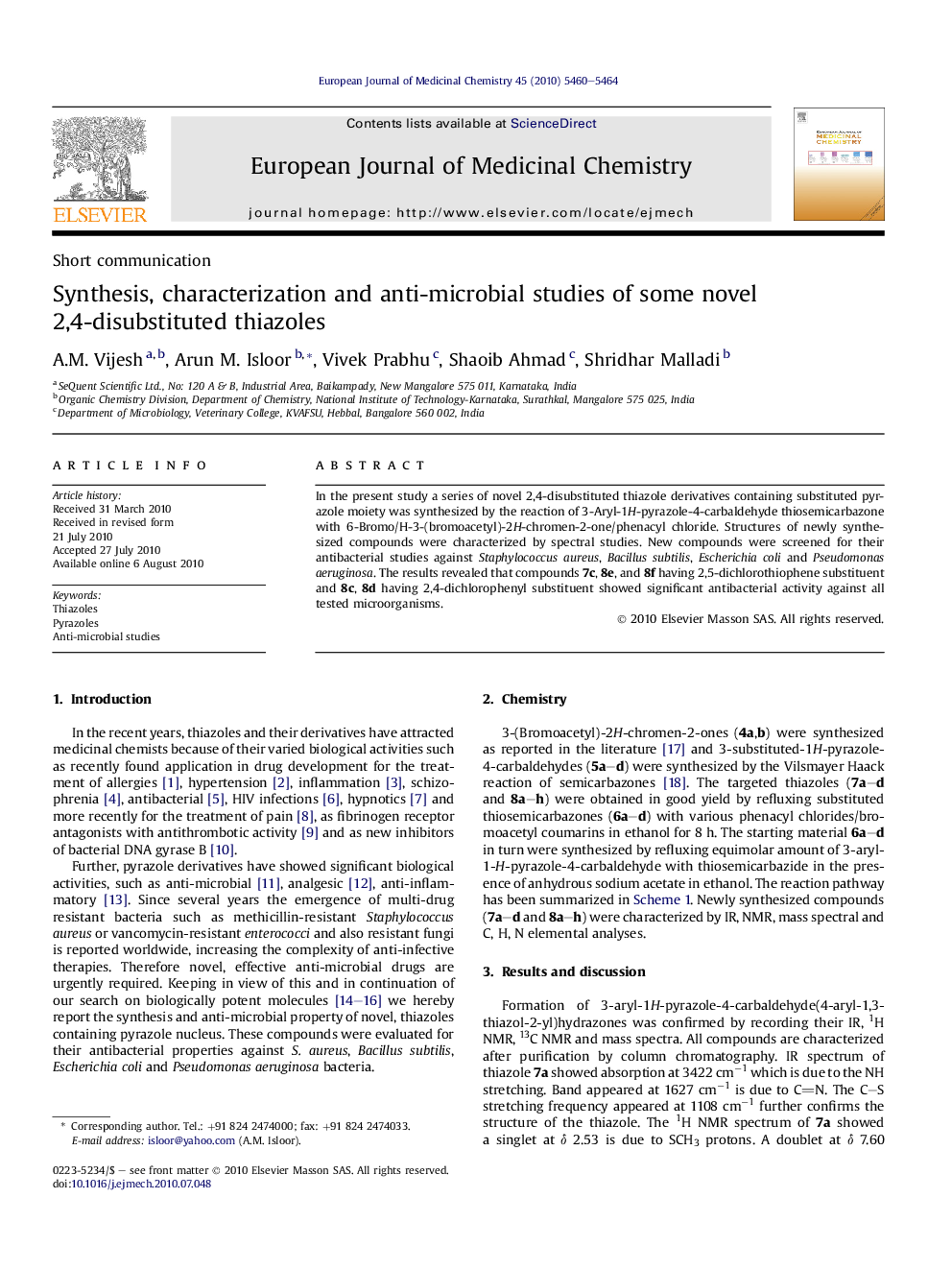 Synthesis, characterization and anti-microbial studies of some novel 2,4-disubstituted thiazoles