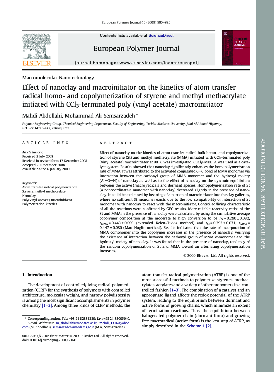 Effect of nanoclay and macroinitiator on the kinetics of atom transfer radical homo- and copolymerization of styrene and methyl methacrylate initiated with CCl3-terminated poly (vinyl acetate) macroinitiator