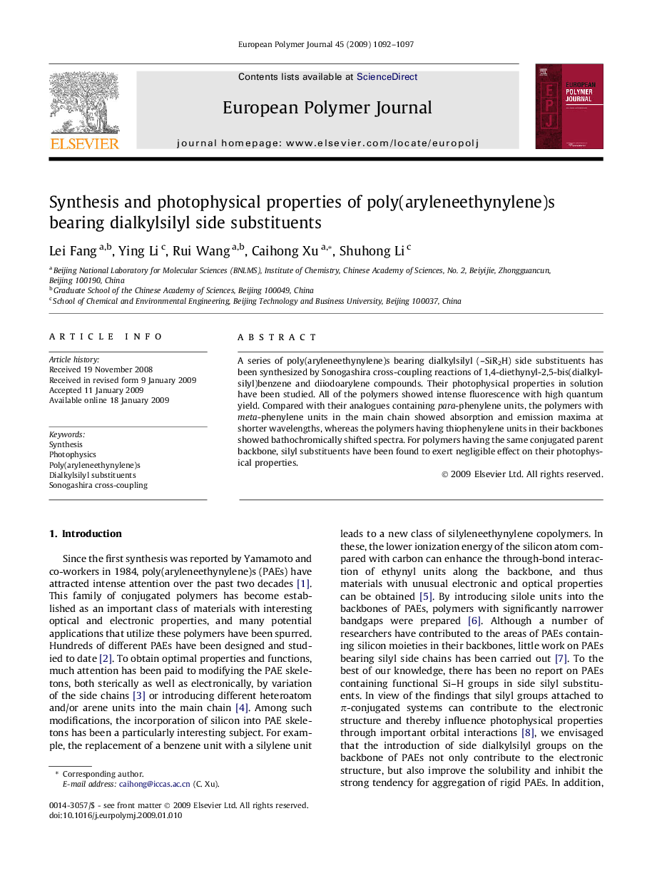 Synthesis and photophysical properties of poly(aryleneethynylene)s bearing dialkylsilyl side substituents