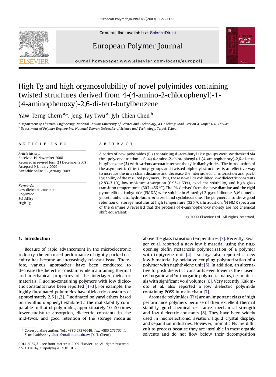 High Tg and high organosolubility of novel polyimides containing twisted structures derived from 4-(4-amino-2-chlorophenyl)-1-(4-aminophenoxy)-2,6-di-tert-butylbenzene