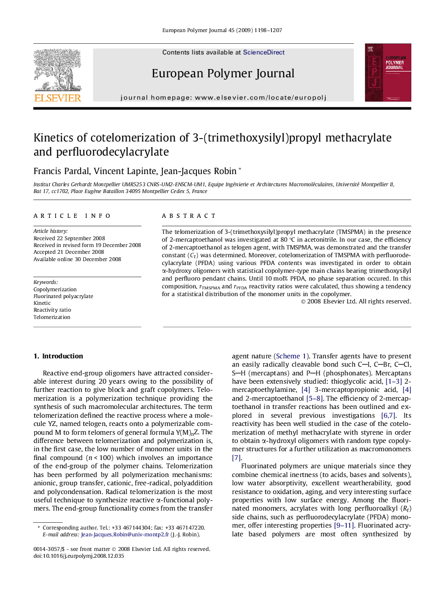 Kinetics of cotelomerization of 3-(trimethoxysilyl)propyl methacrylate and perfluorodecylacrylate