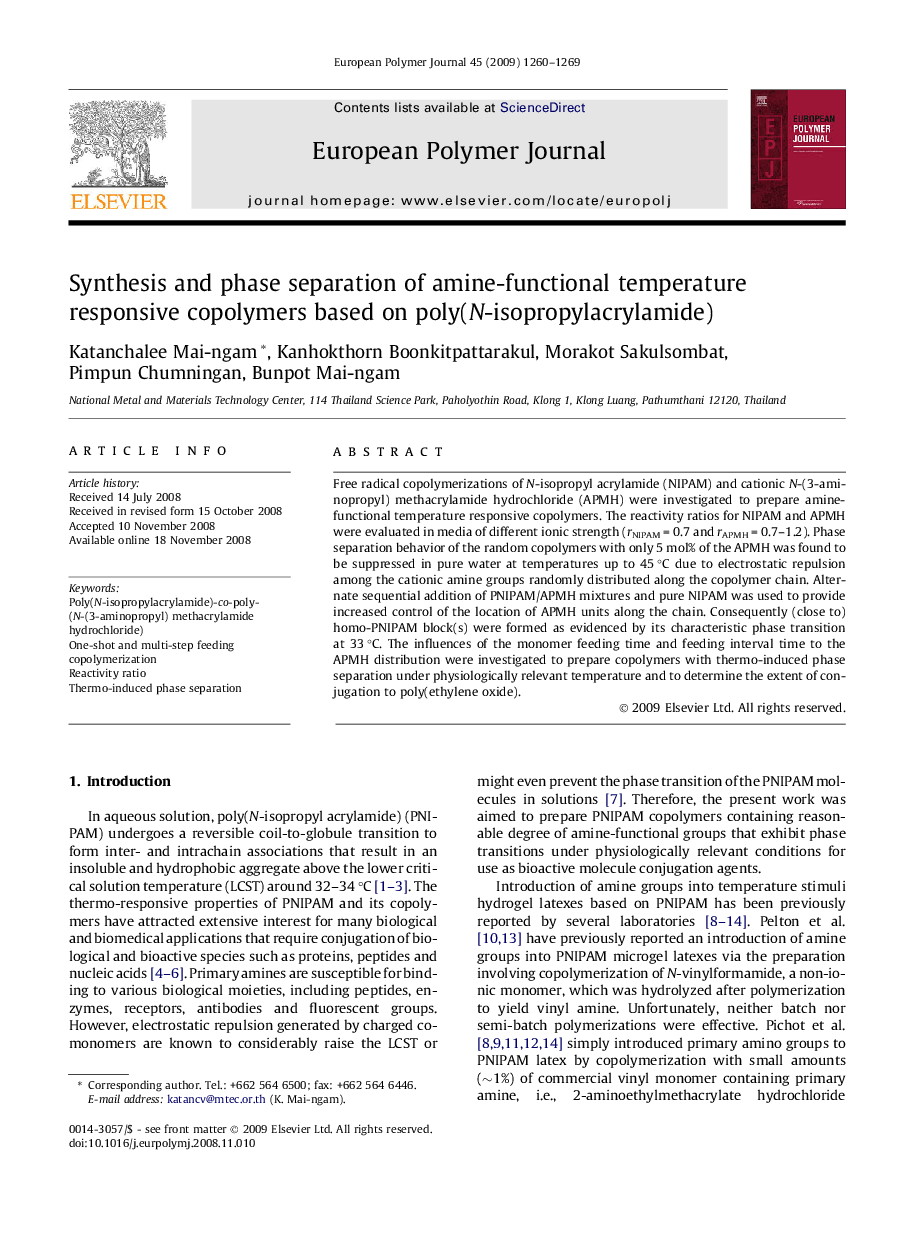 Synthesis and phase separation of amine-functional temperature responsive copolymers based on poly(N-isopropylacrylamide)