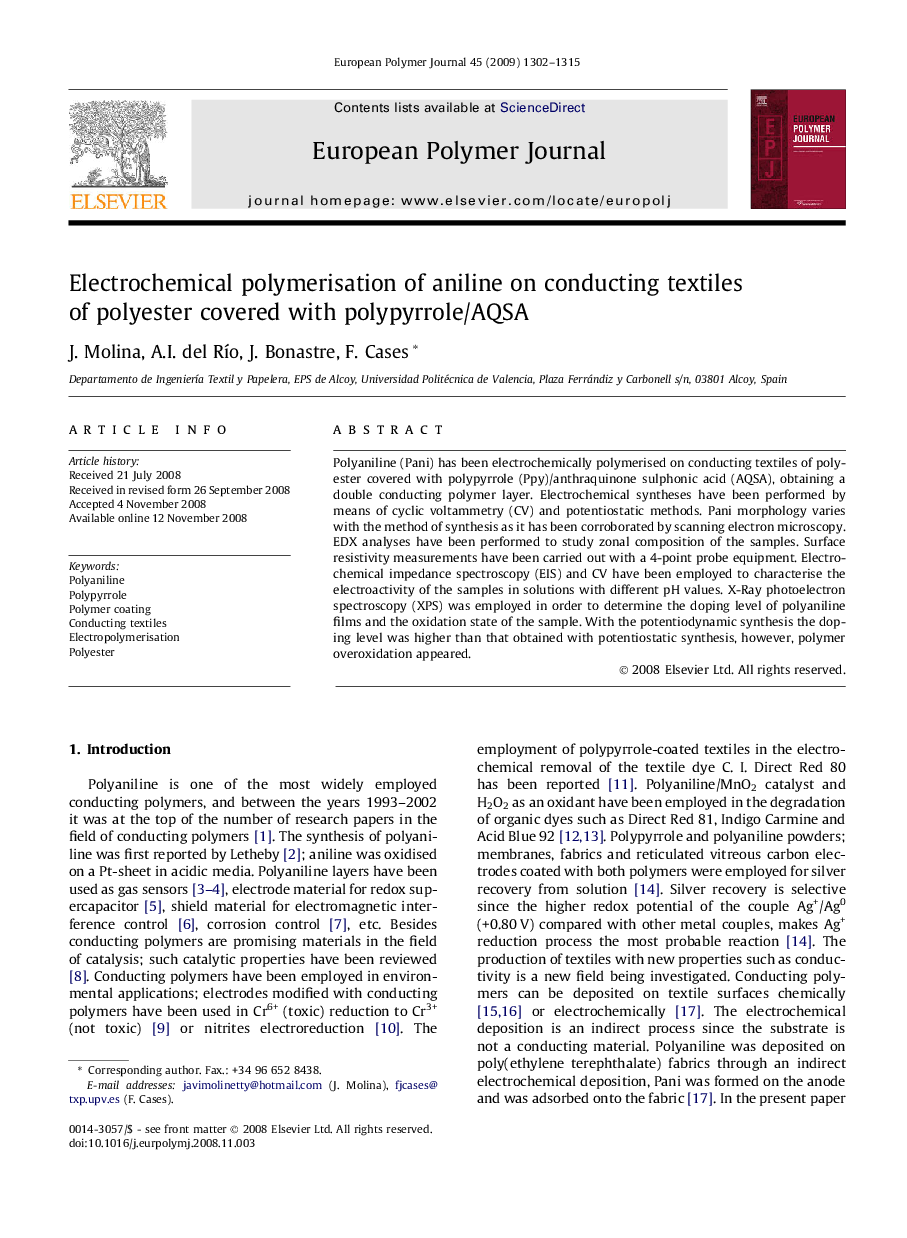 Electrochemical polymerisation of aniline on conducting textiles of polyester covered with polypyrrole/AQSA