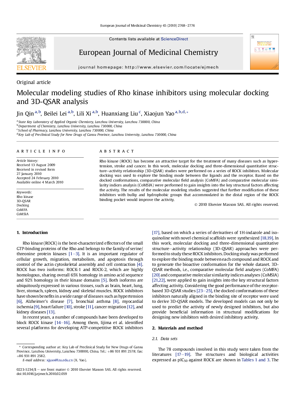 Molecular modeling studies of Rho kinase inhibitors using molecular docking and 3D-QSAR analysis