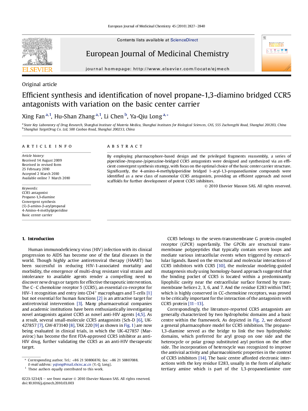 Efficient synthesis and identification of novel propane-1,3-diamino bridged CCR5 antagonists with variation on the basic center carrier