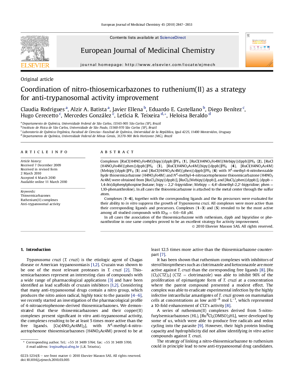 Coordination of nitro-thiosemicarbazones to ruthenium(II) as a strategy for anti-trypanosomal activity improvement