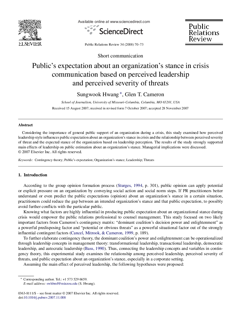 Public's expectation about an organization's stance in crisis communication based on perceived leadership and perceived severity of threats