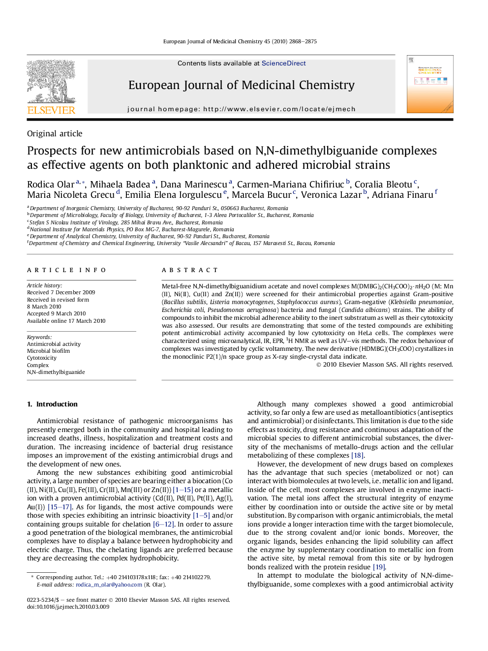 Prospects for new antimicrobials based on N,N-dimethylbiguanide complexes as effective agents on both planktonic and adhered microbial strains