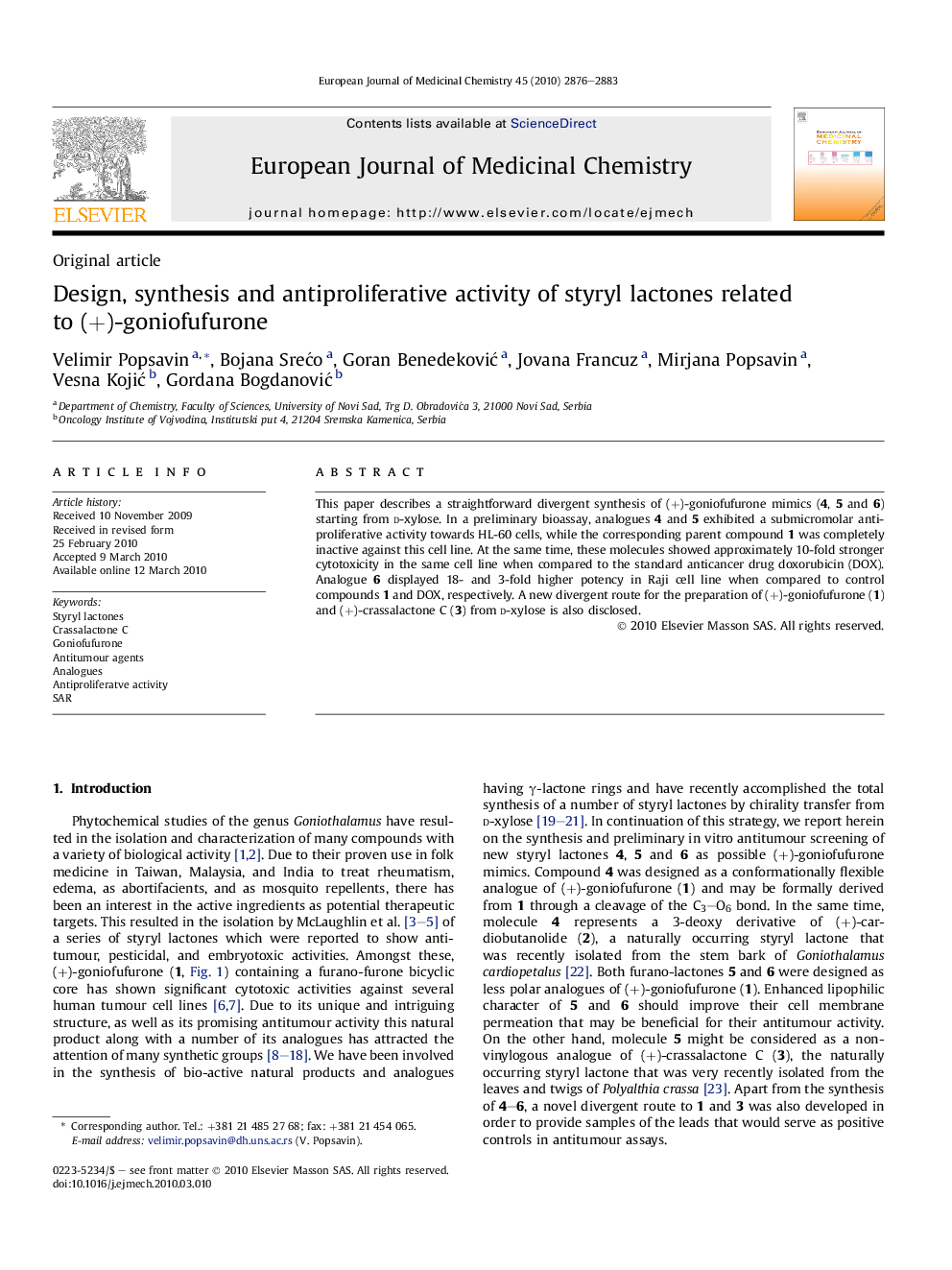 Design, synthesis and antiproliferative activity of styryl lactones related to (+)-goniofufurone