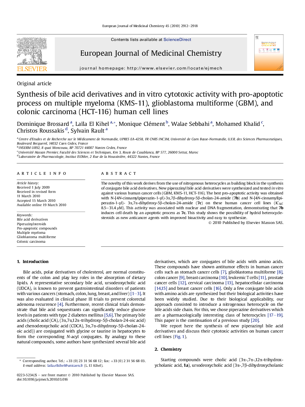 Synthesis of bile acid derivatives and in vitro cytotoxic activity with pro-apoptotic process on multiple myeloma (KMS-11), glioblastoma multiforme (GBM), and colonic carcinoma (HCT-116) human cell lines