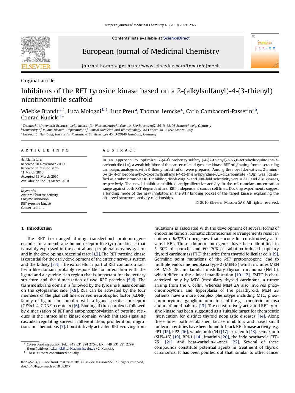 Inhibitors of the RET tyrosine kinase based on a 2-(alkylsulfanyl)-4-(3-thienyl)nicotinonitrile scaffold