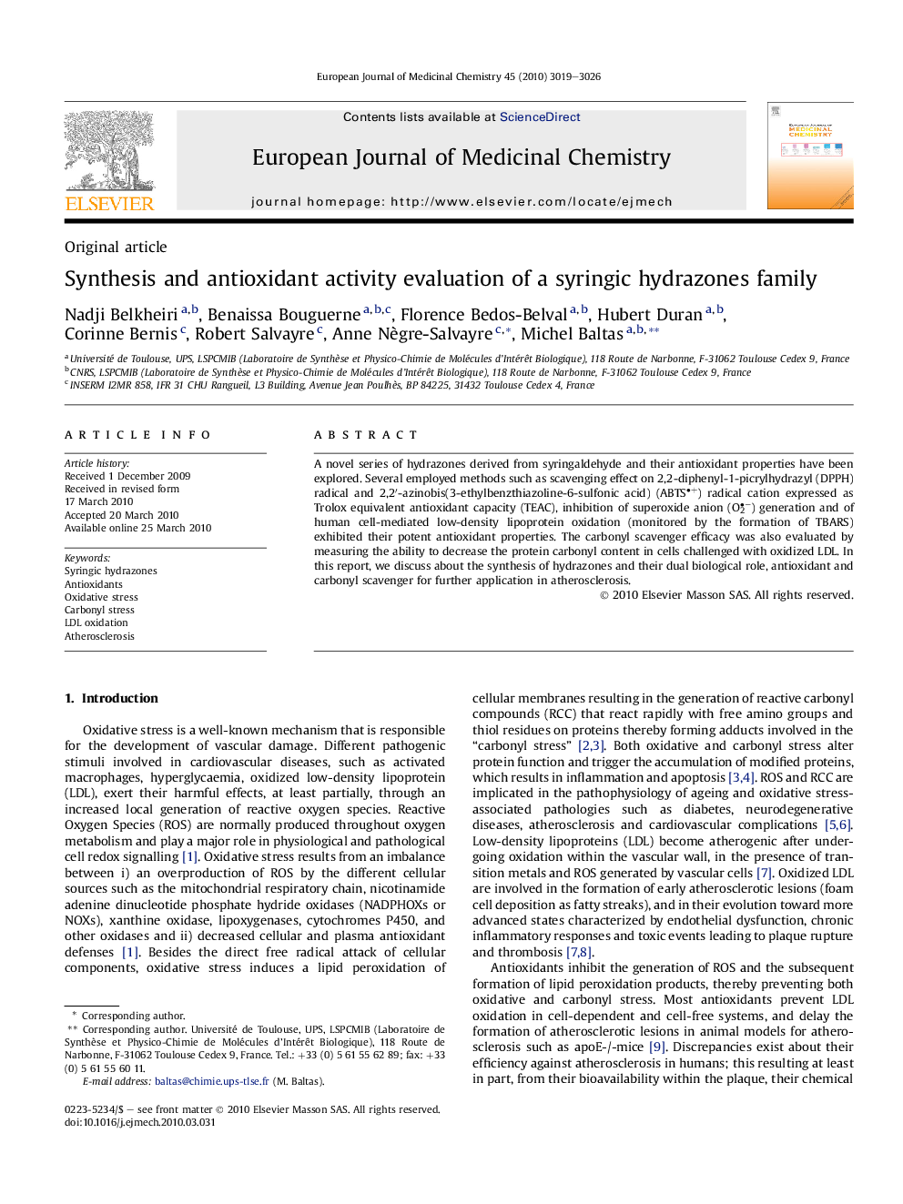 Synthesis and antioxidant activity evaluation of a syringic hydrazones family