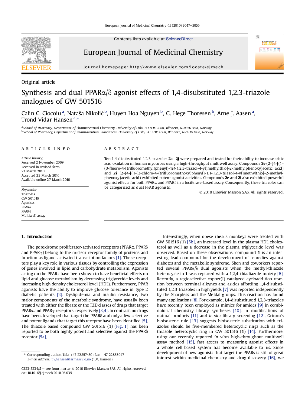 Synthesis and dual PPARα/δ agonist effects of 1,4-disubstituted 1,2,3-triazole analogues of GW 501516