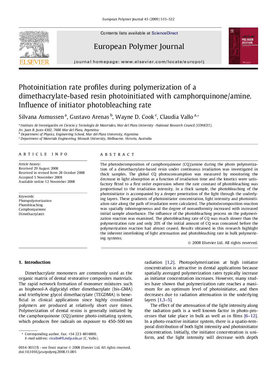 Photoinitiation rate profiles during polymerization of a dimethacrylate-based resin photoinitiated with camphorquinone/amine. Influence of initiator photobleaching rate