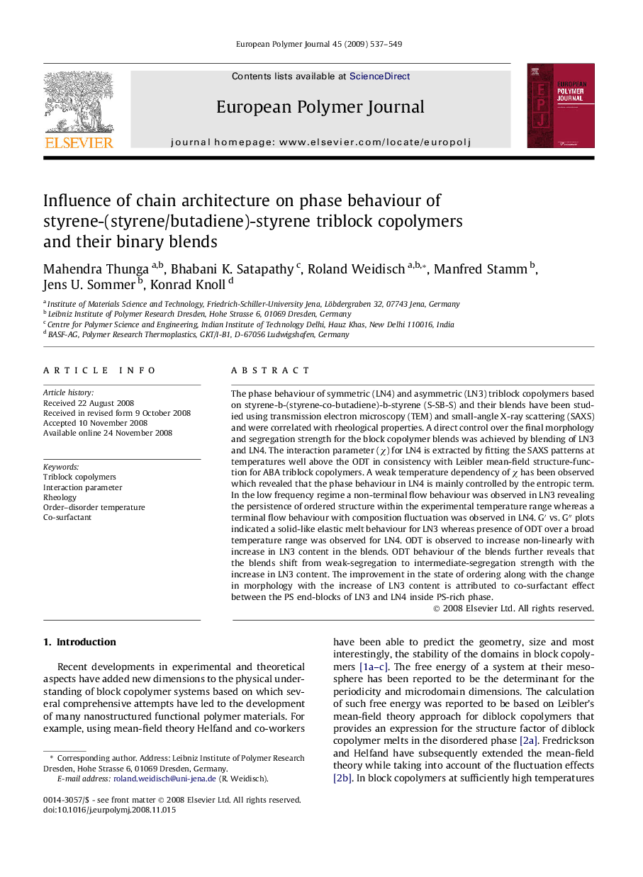 Influence of chain architecture on phase behaviour of styrene-(styrene/butadiene)-styrene triblock copolymers and their binary blends