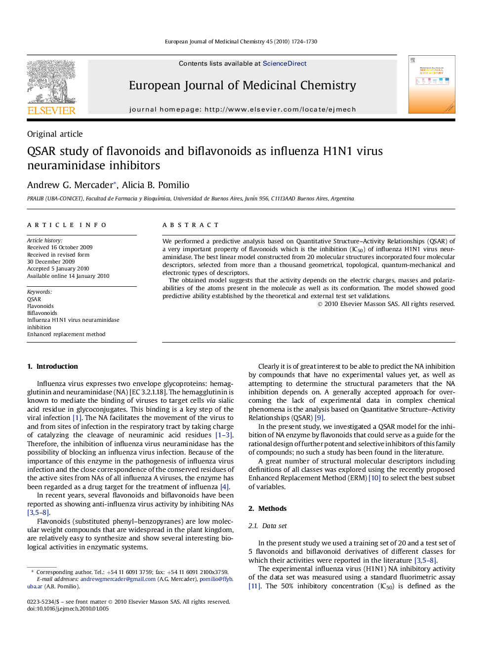 QSAR study of flavonoids and biflavonoids as influenza H1N1 virus neuraminidase inhibitors