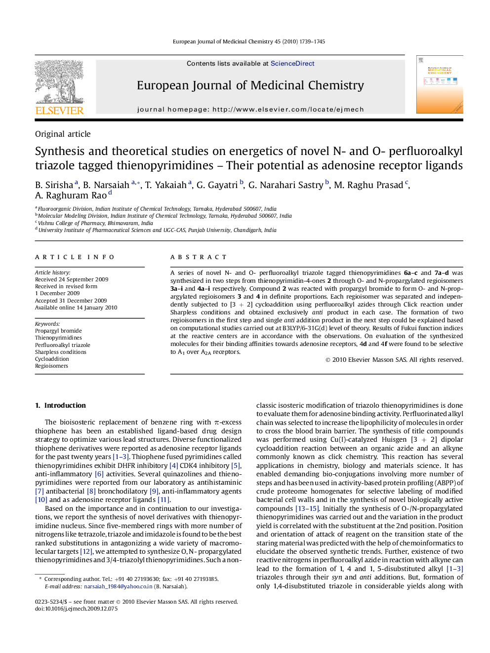 Synthesis and theoretical studies on energetics of novel N- and O- perfluoroalkyl triazole tagged thienopyrimidines – Their potential as adenosine receptor ligands