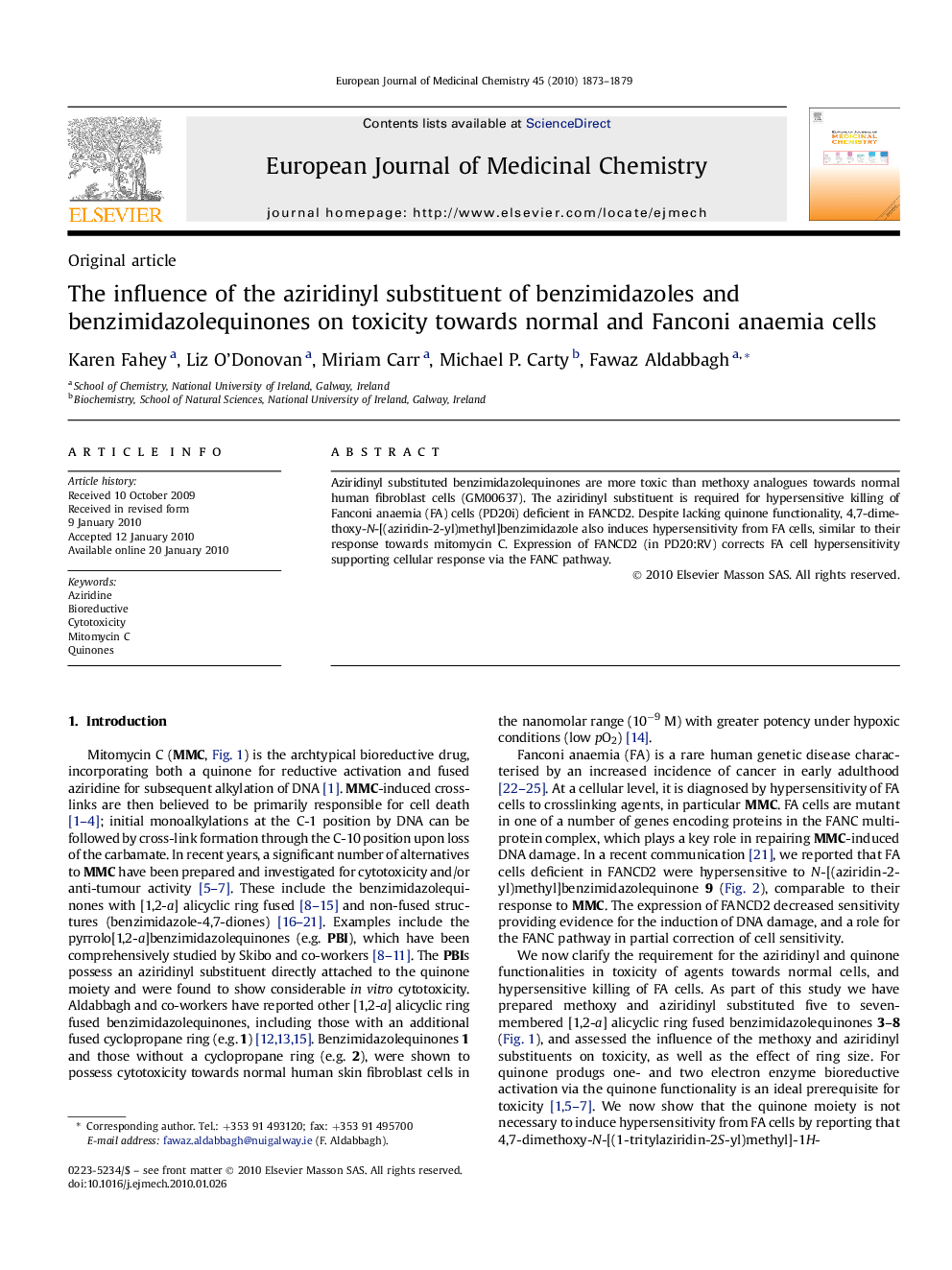 The influence of the aziridinyl substituent of benzimidazoles and benzimidazolequinones on toxicity towards normal and Fanconi anaemia cells