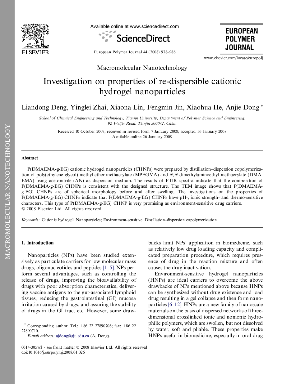 Investigation on properties of re-dispersible cationic hydrogel nanoparticles