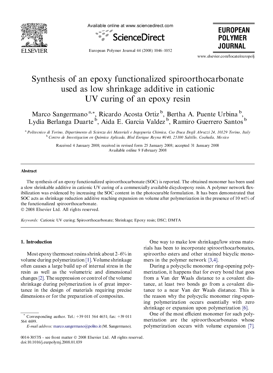 Synthesis of an epoxy functionalized spiroorthocarbonate used as low shrinkage additive in cationic UV curing of an epoxy resin