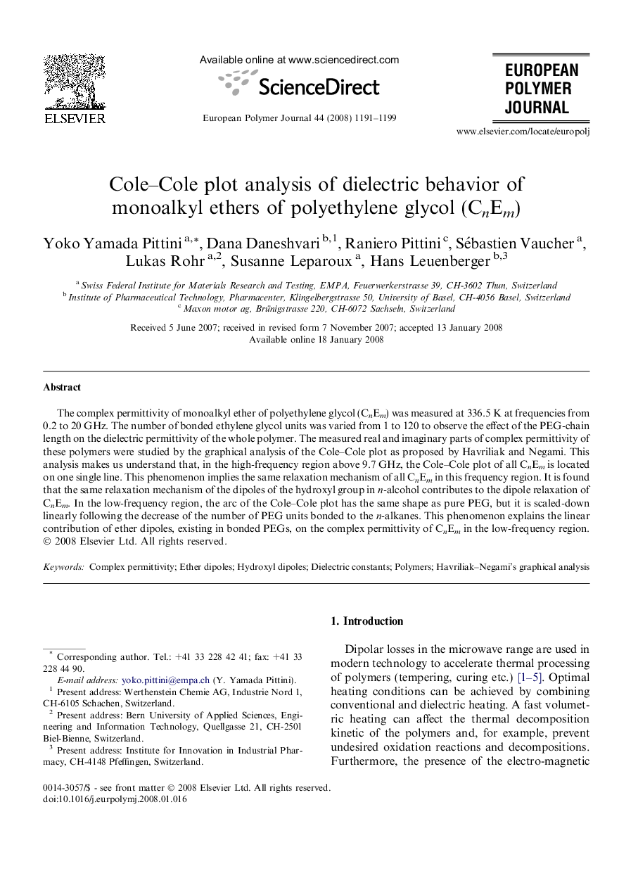 Cole–Cole plot analysis of dielectric behavior of monoalkyl ethers of polyethylene glycol (CnEm)