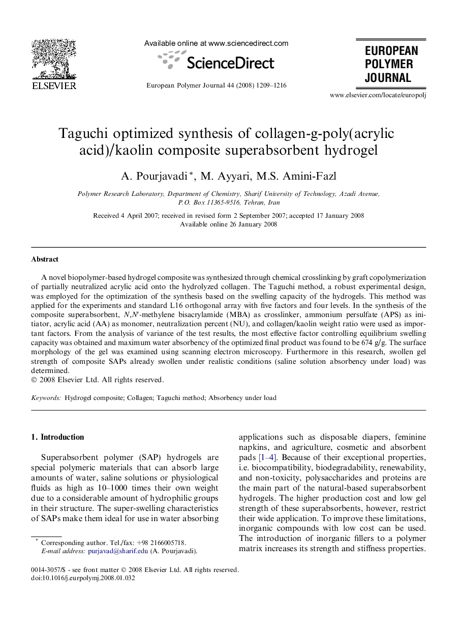 Taguchi optimized synthesis of collagen-g-poly(acrylic acid)/kaolin composite superabsorbent hydrogel