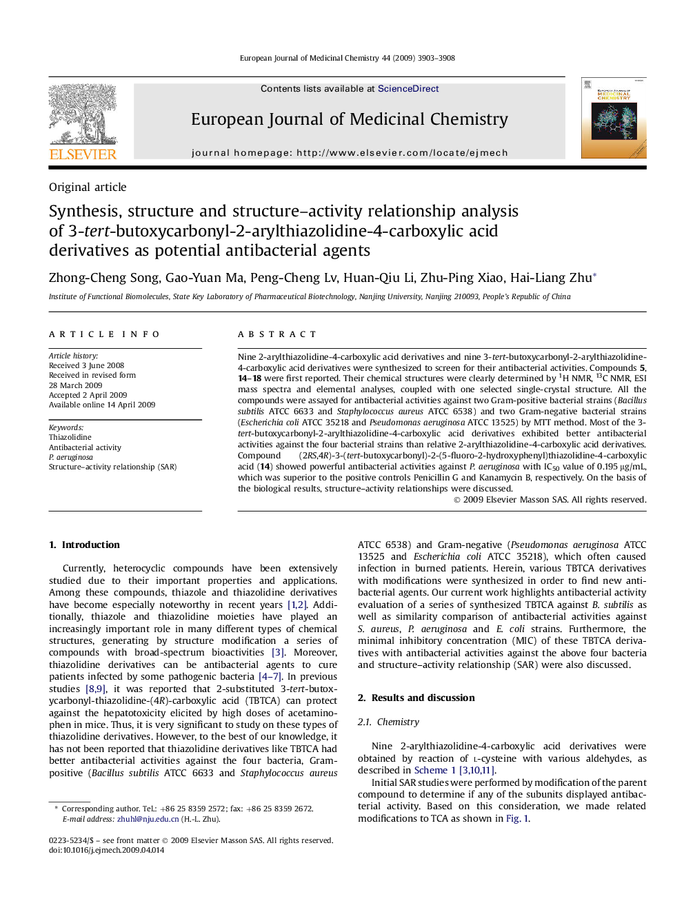 Synthesis, structure and structure–activity relationship analysis of 3-tert-butoxycarbonyl-2-arylthiazolidine-4-carboxylic acid derivatives as potential antibacterial agents