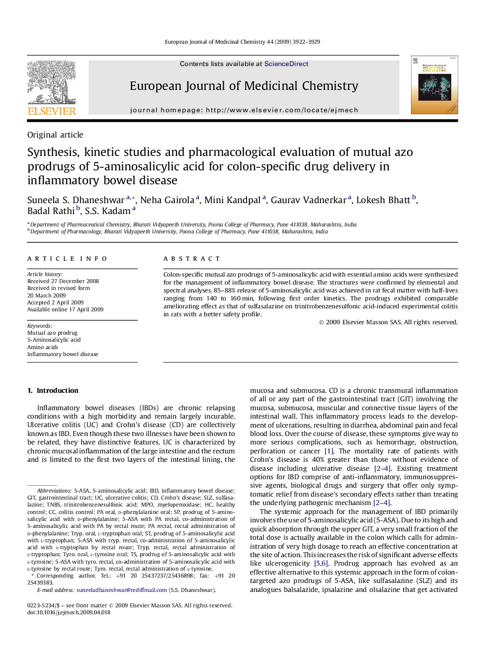 Synthesis, kinetic studies and pharmacological evaluation of mutual azo prodrugs of 5-aminosalicylic acid for colon-specific drug delivery in inflammatory bowel disease