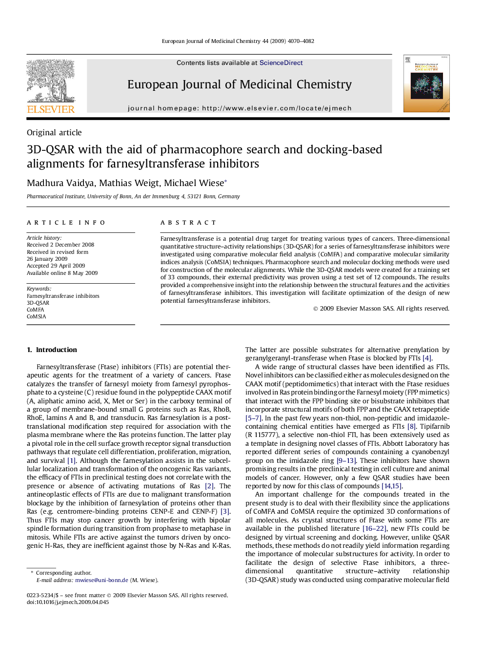 3D-QSAR with the aid of pharmacophore search and docking-based alignments for farnesyltransferase inhibitors