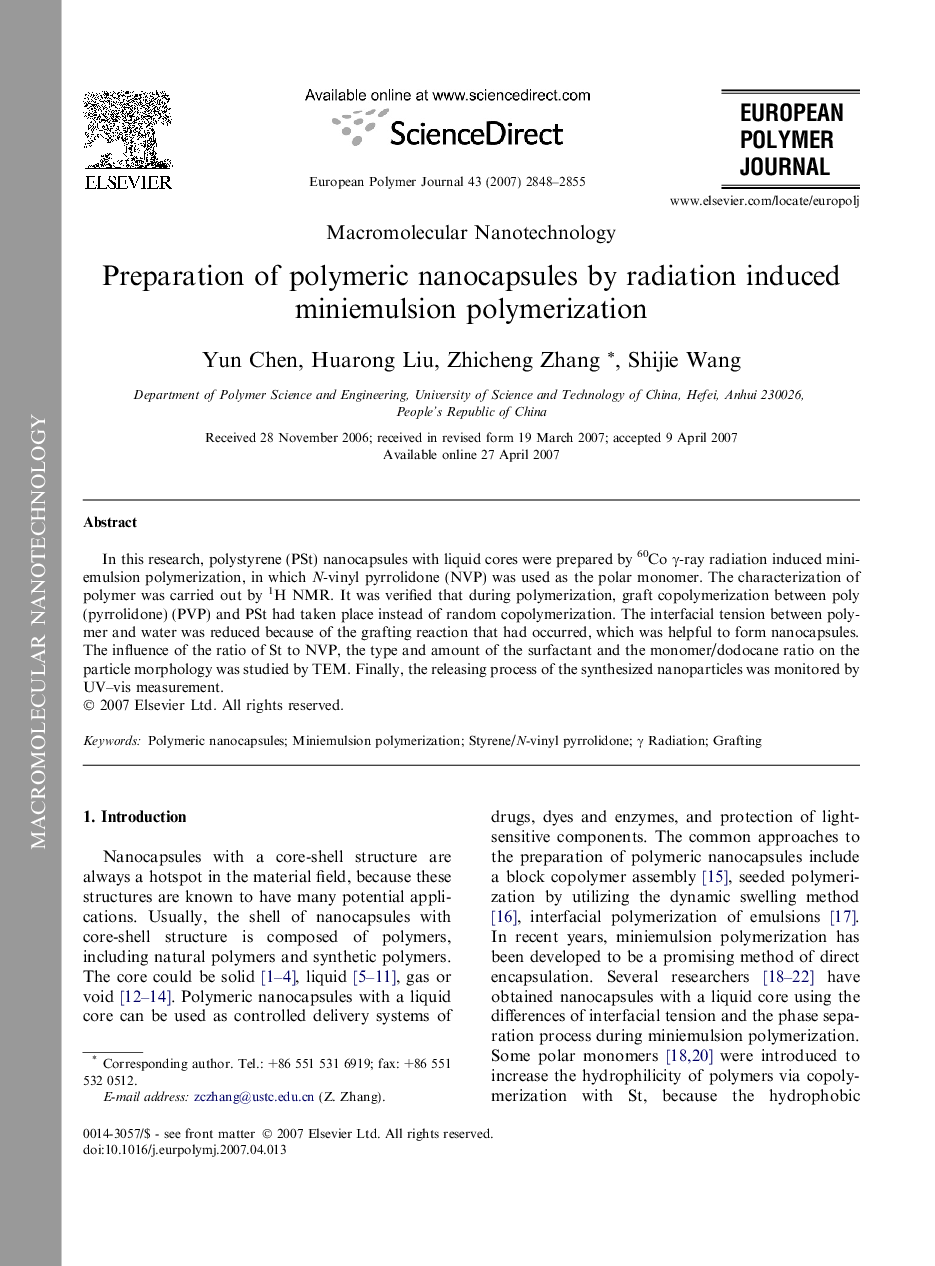 Preparation of polymeric nanocapsules by radiation induced miniemulsion polymerization