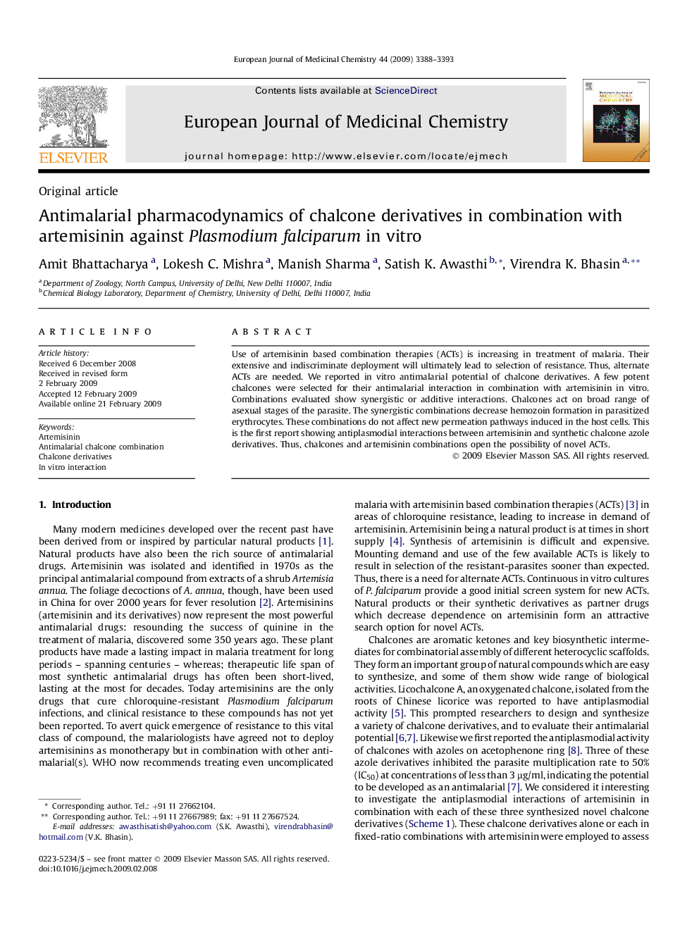 Antimalarial pharmacodynamics of chalcone derivatives in combination with artemisinin against Plasmodium falciparum in vitro