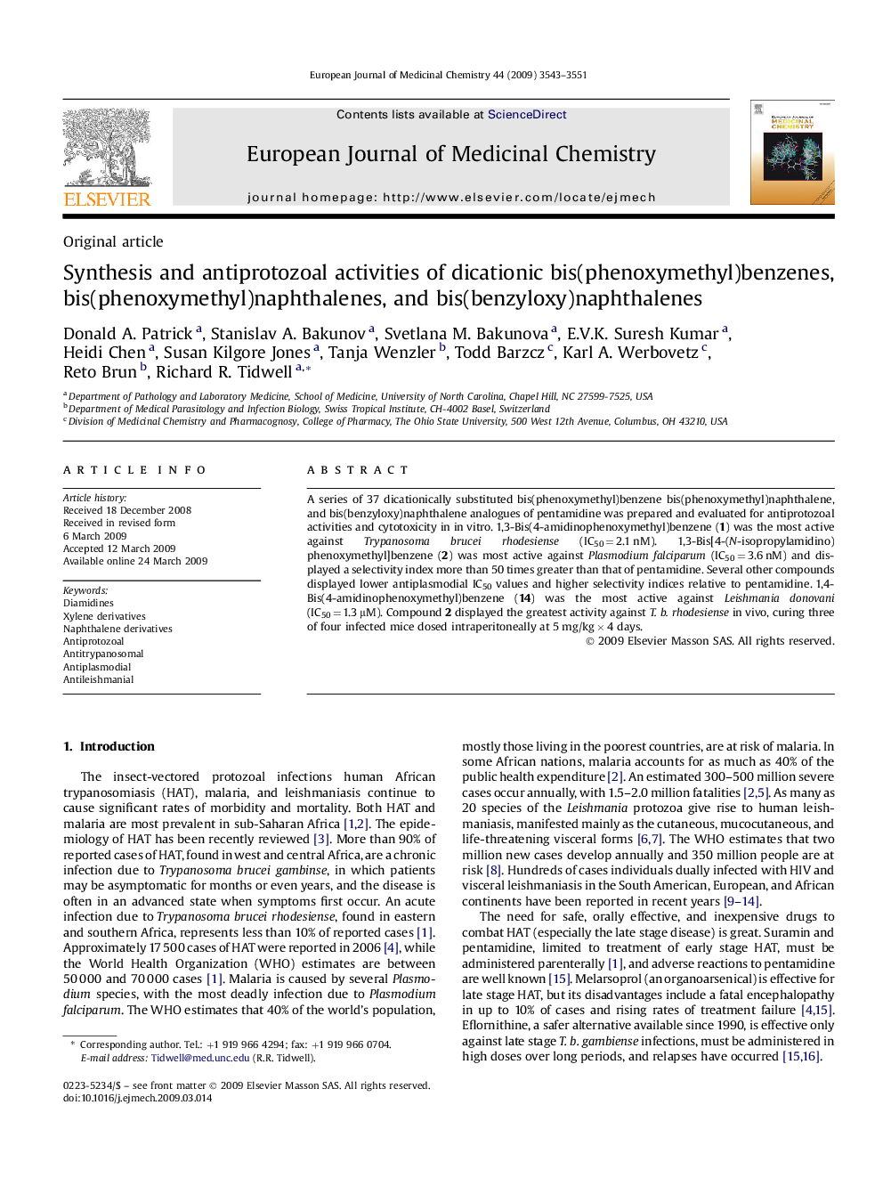 Synthesis and antiprotozoal activities of dicationic bis(phenoxymethyl)benzenes, bis(phenoxymethyl)naphthalenes, and bis(benzyloxy)naphthalenes