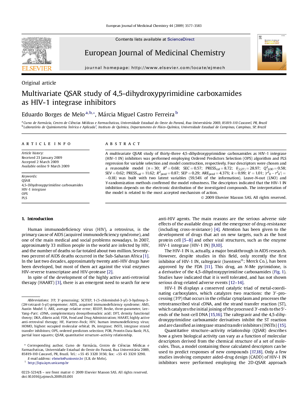 Multivariate QSAR study of 4,5-dihydroxypyrimidine carboxamides as HIV-1 integrase inhibitors