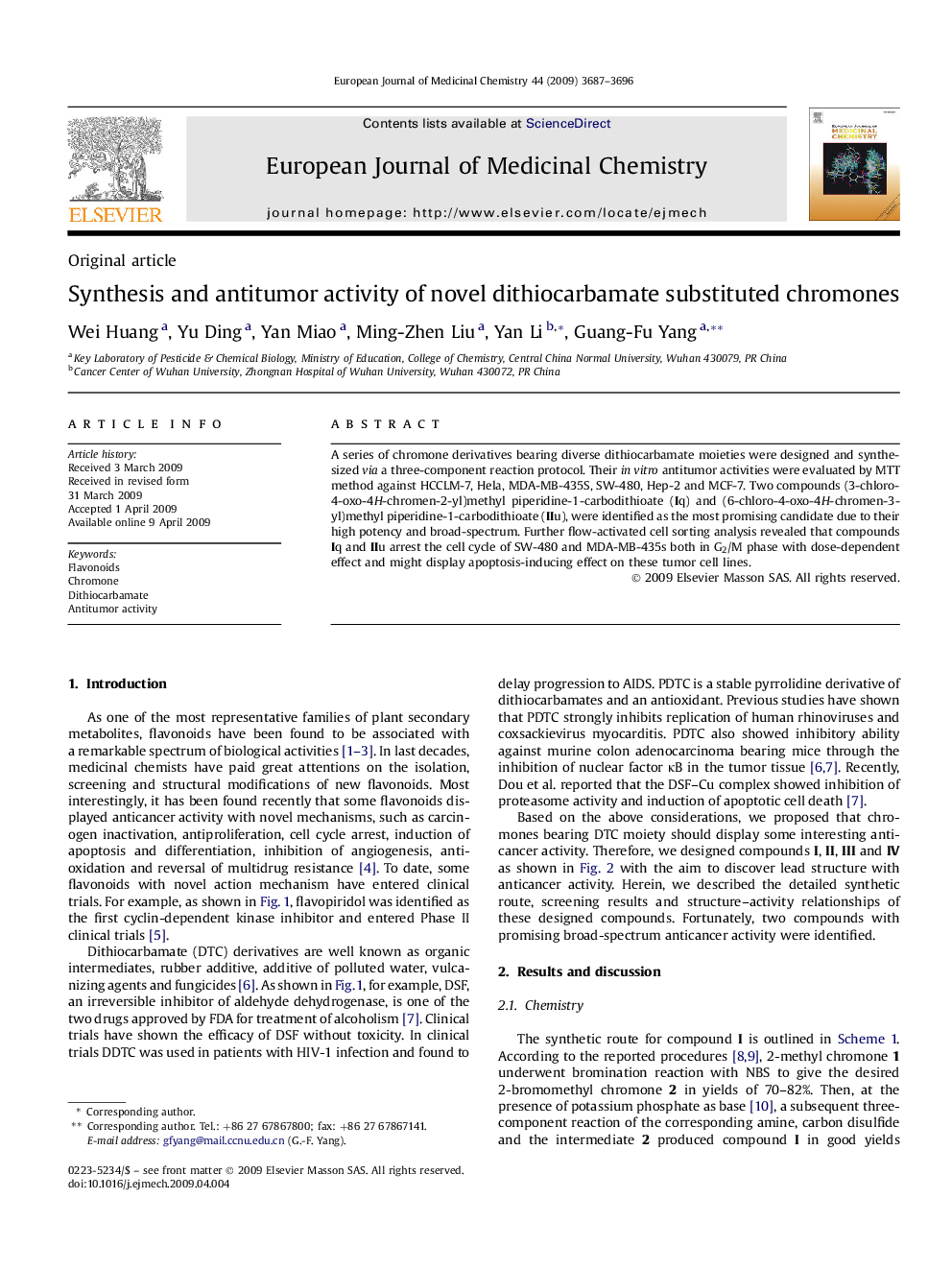 Synthesis and antitumor activity of novel dithiocarbamate substituted chromones