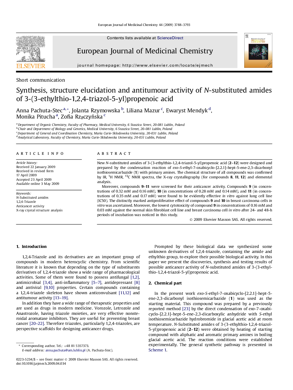 Synthesis, structure elucidation and antitumour activity of N-substituted amides of 3-(3-ethylthio-1,2,4-triazol-5-yl)propenoic acid