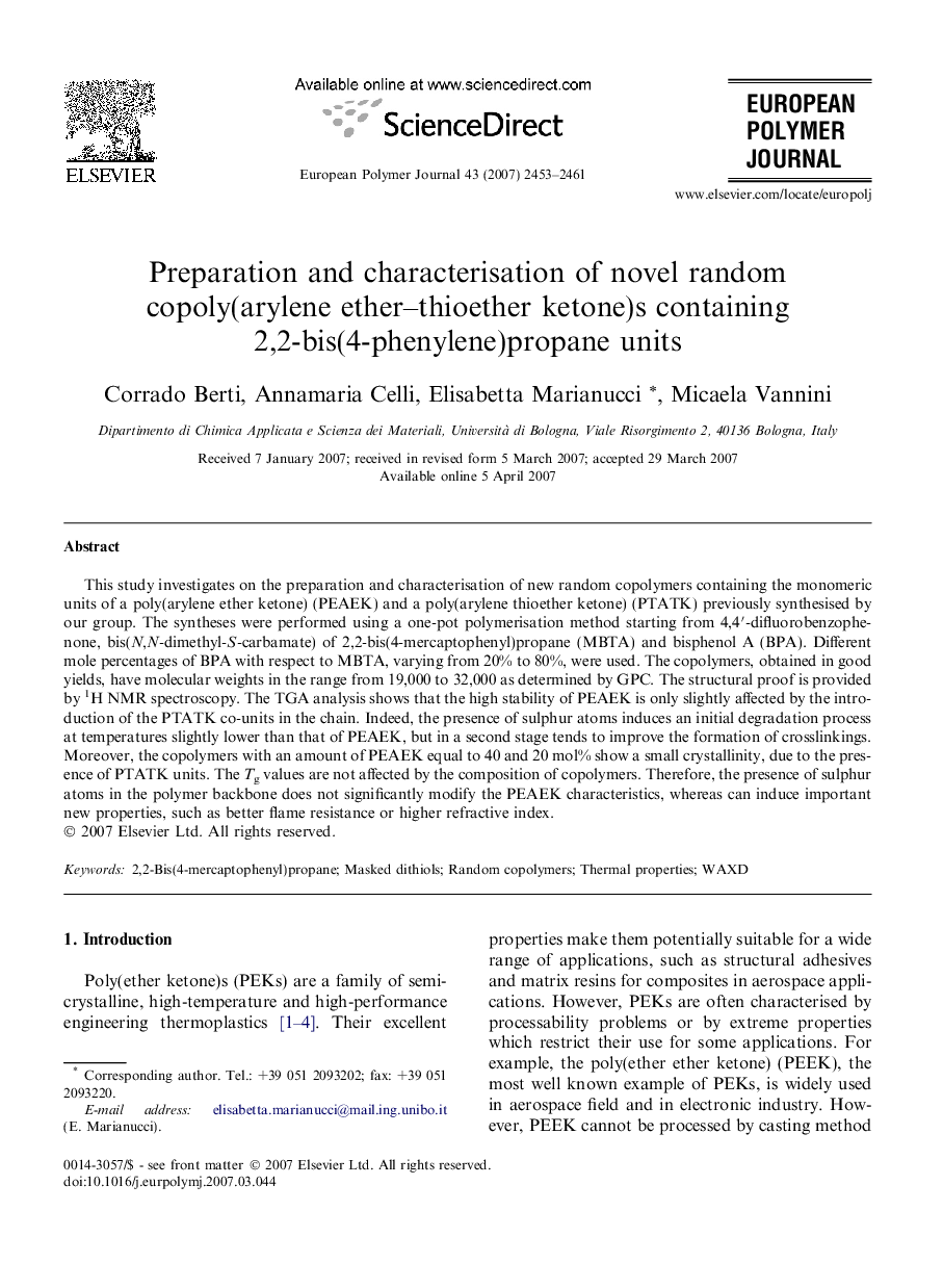 Preparation and characterisation of novel random copoly(arylene ether–thioether ketone)s containing 2,2-bis(4-phenylene)propane units