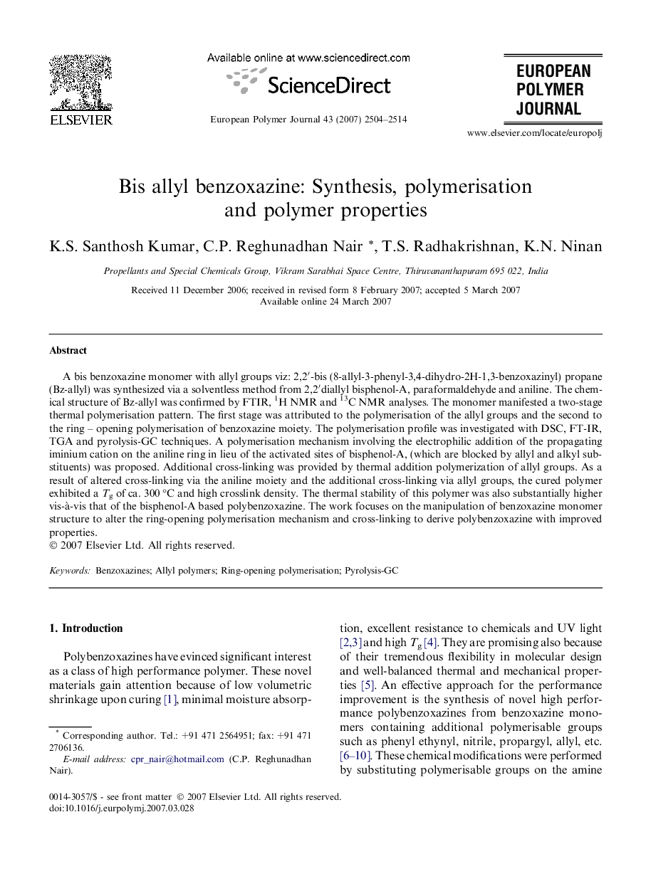 Bis allyl benzoxazine: Synthesis, polymerisation and polymer properties