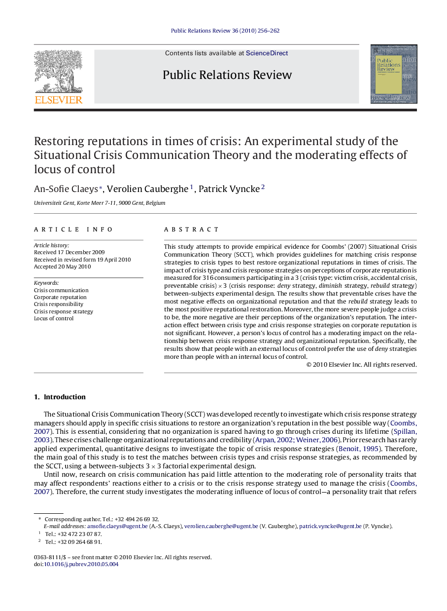 Restoring reputations in times of crisis: An experimental study of the Situational Crisis Communication Theory and the moderating effects of locus of control