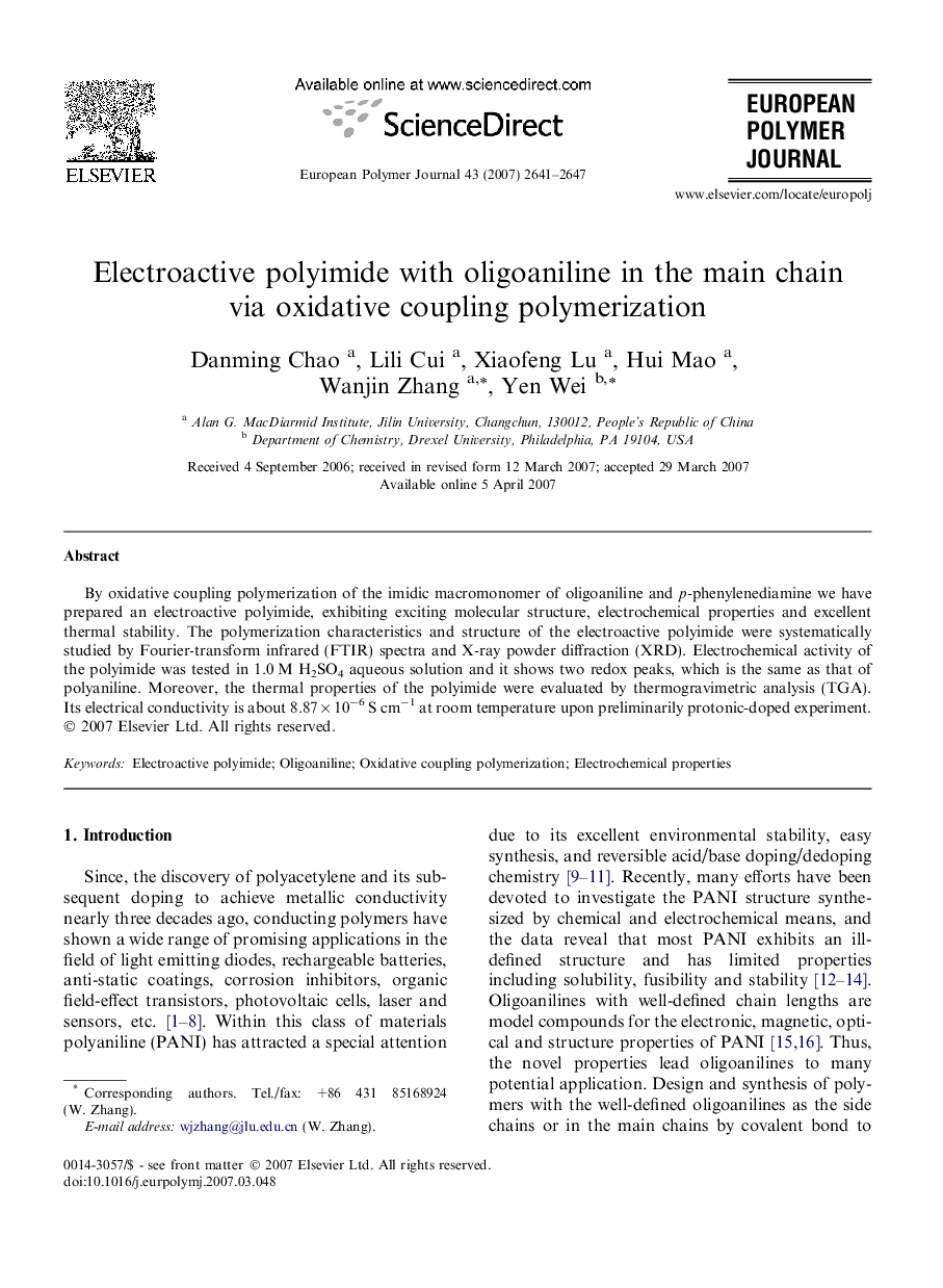 Electroactive polyimide with oligoaniline in the main chain via oxidative coupling polymerization