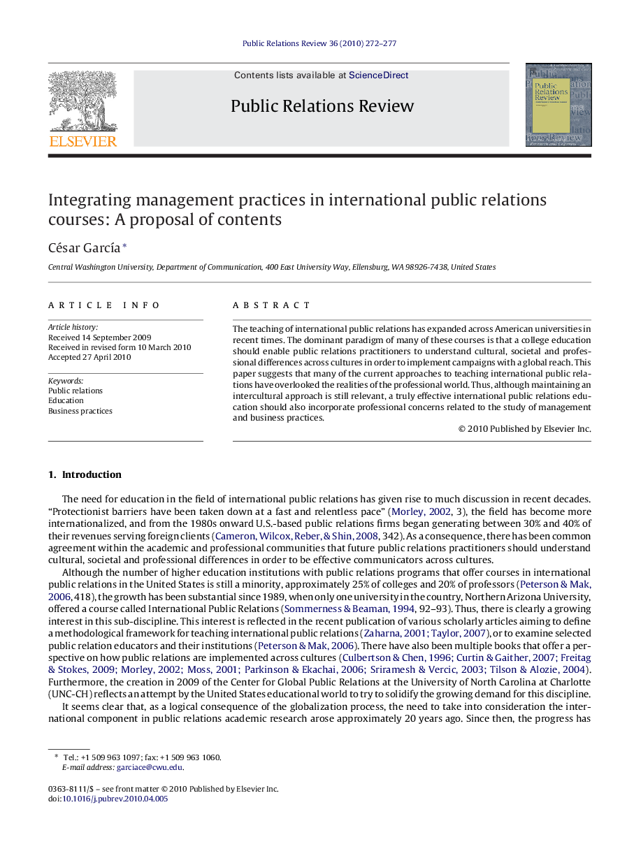 Integrating management practices in international public relations courses: A proposal of contents