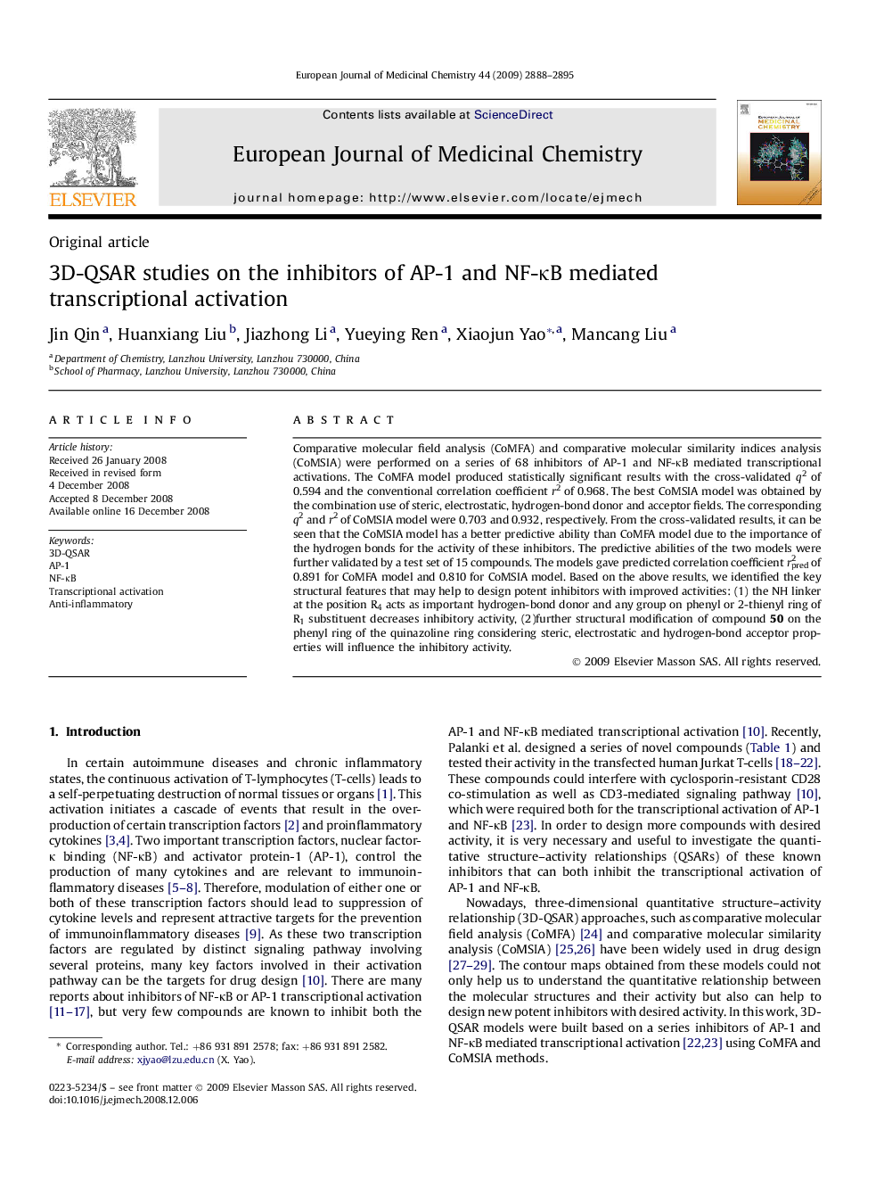 3D-QSAR studies on the inhibitors of AP-1 and NF-ÎºB mediated transcriptional activation