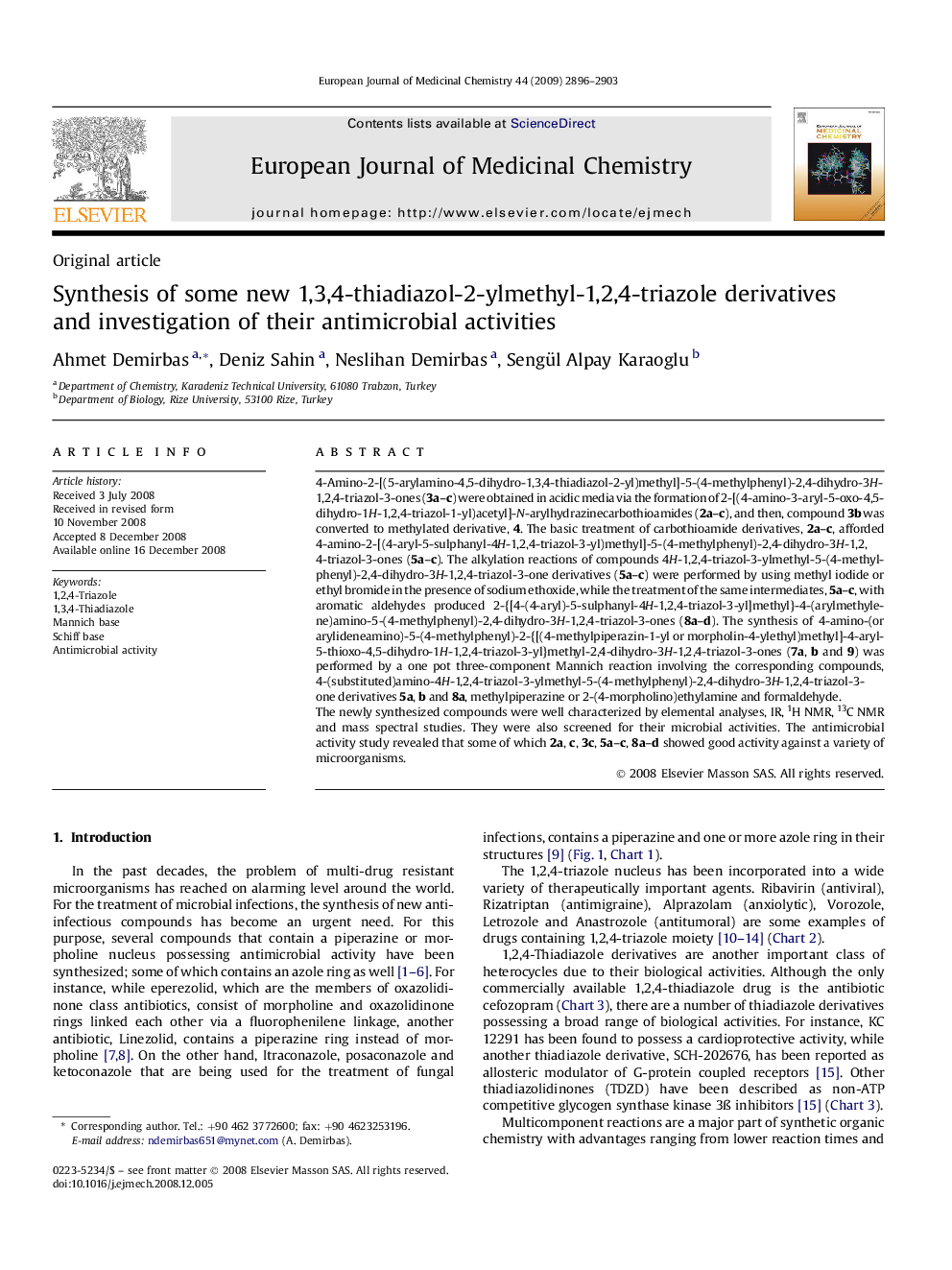 Synthesis of some new 1,3,4-thiadiazol-2-ylmethyl-1,2,4-triazole derivatives and investigation of their antimicrobial activities