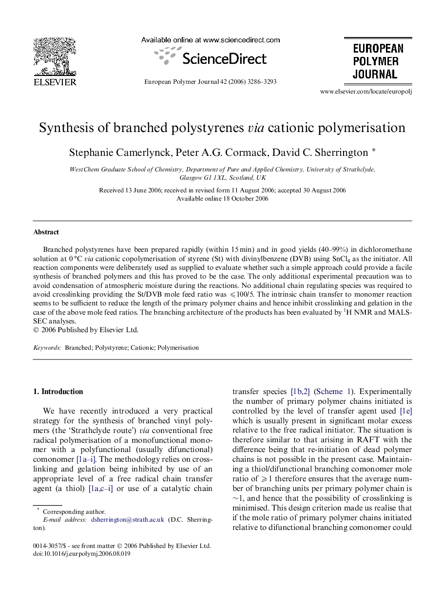 Synthesis of branched polystyrenes via cationic polymerisation